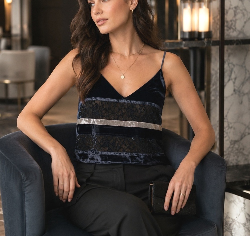 LOFT XS Velvet Lace Cami Tank Navy Blue Striped Sleeveless Top